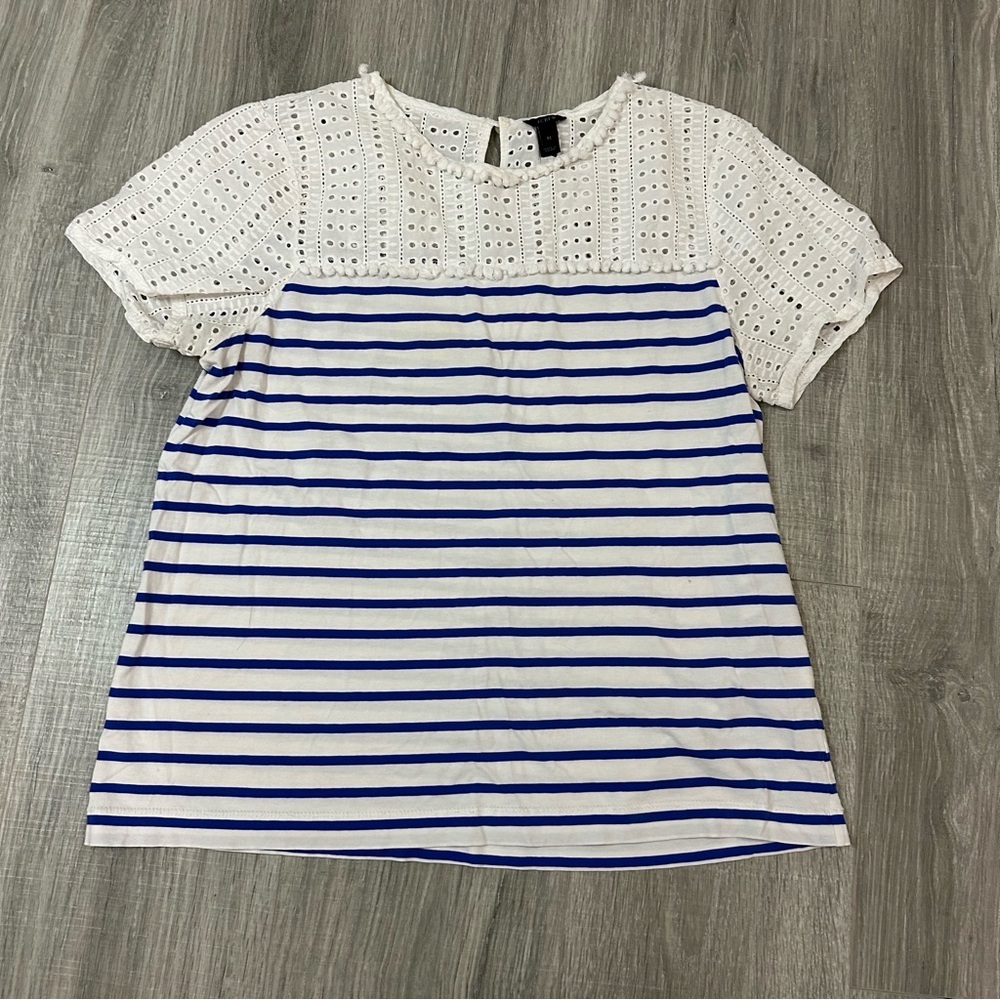 M - J Crew - Boat Tee - White & Blue - Lace‎ Eyelet Detailing